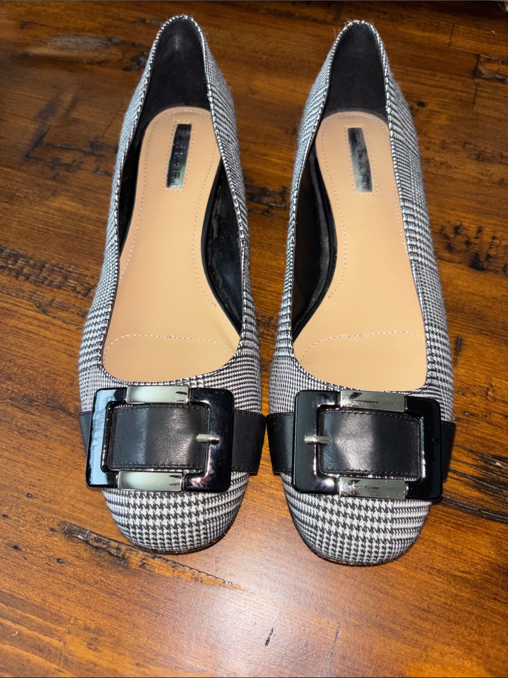 Tahari Black & White Houndstooth Buckle Flats